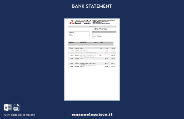 modello word di estratto conto bancario Oman Bank Muscat in stile verificato